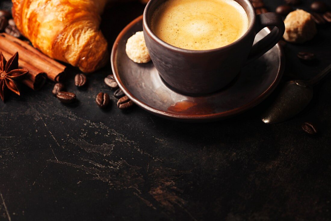 Breakfast with fresh Coffee and croissants