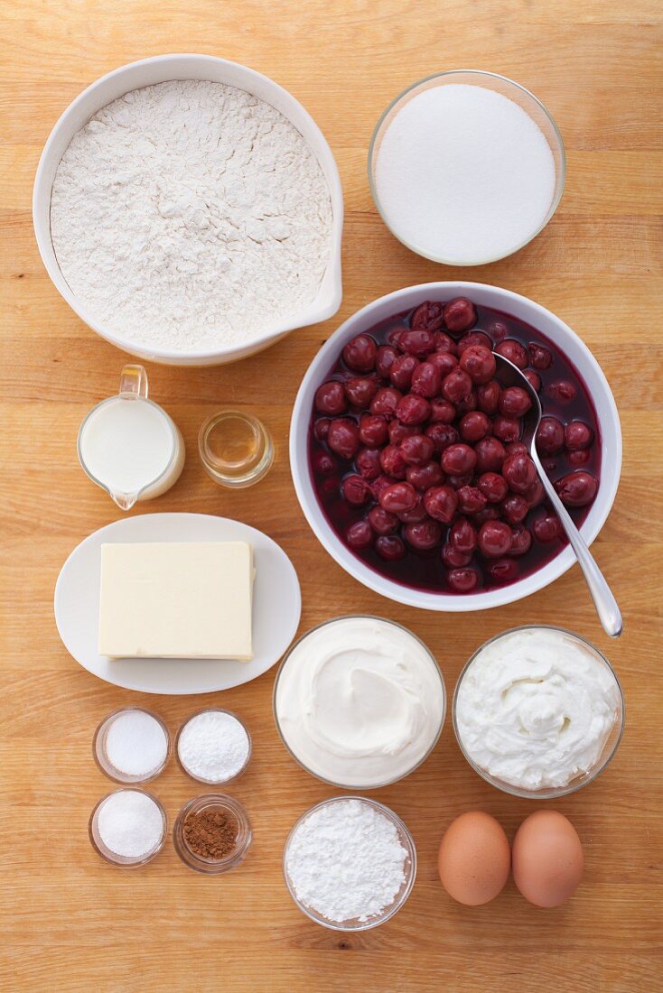 Ingredients for crumble cake with sour cherries