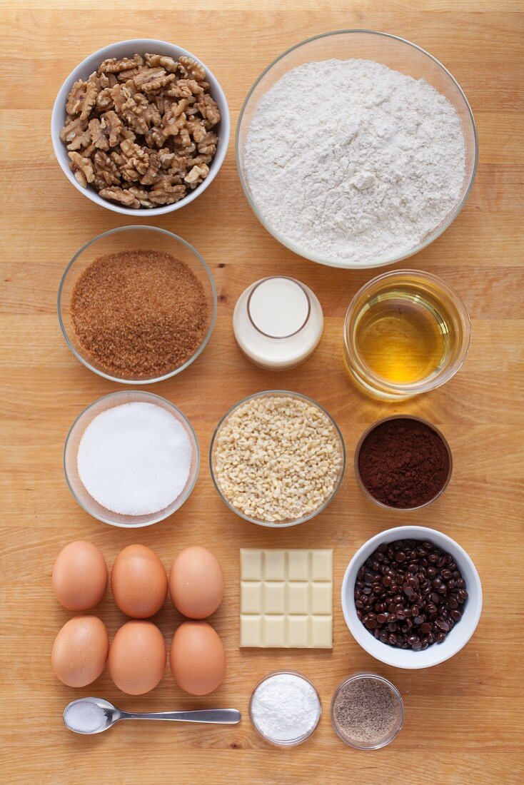 Ingredients for walnut and chocolate brownies with white chocolate