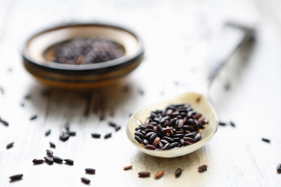 Black rice on a spoon and in a small bowl