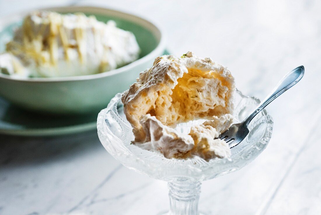 Meringue cake in a crystal bowl