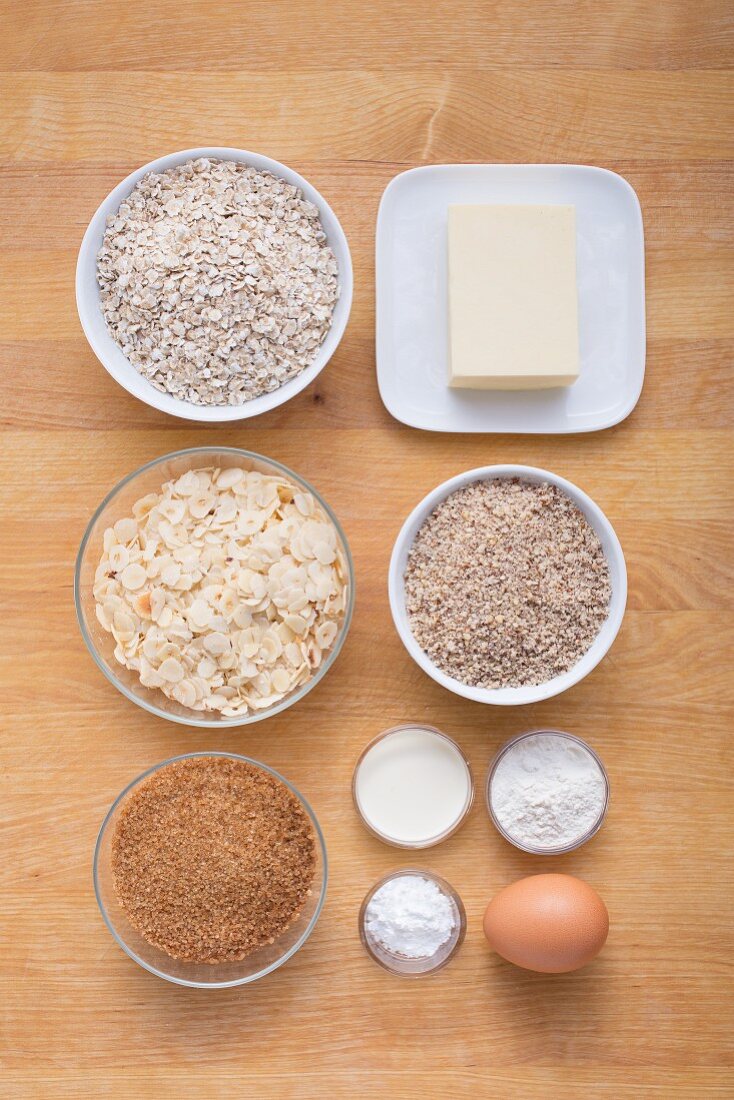 Ingredients for oatmeal and nut biscuits