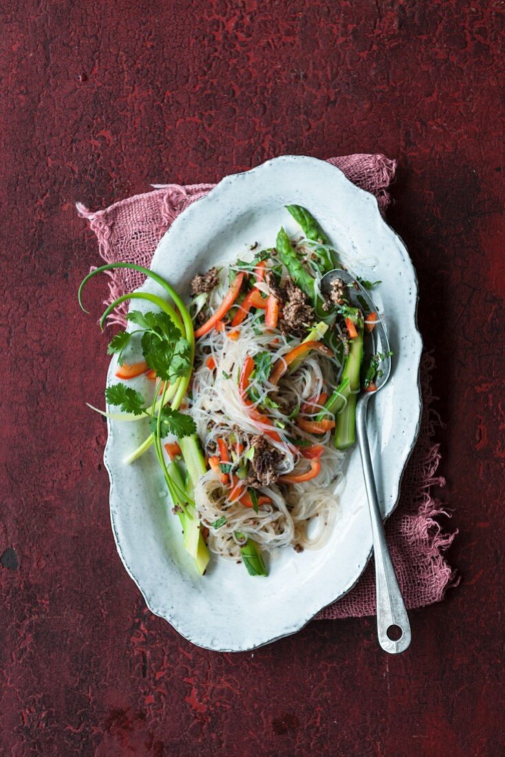 Asian glass noodle and asparagus salad with minced beef and coriander