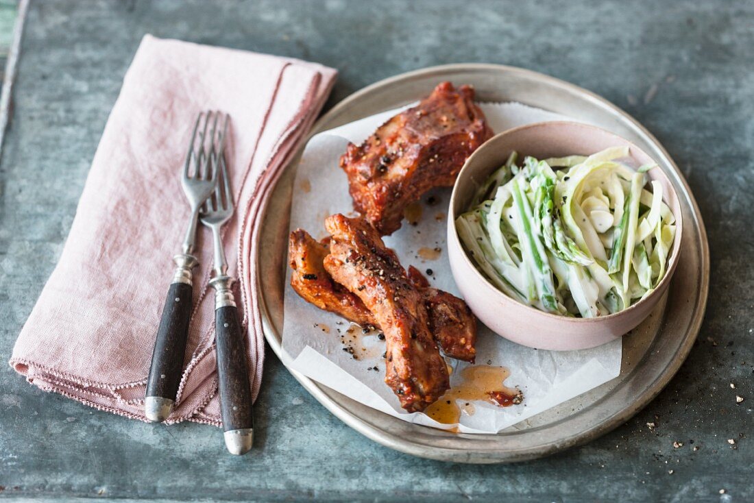 Spare ribs with asparagus coleslaw