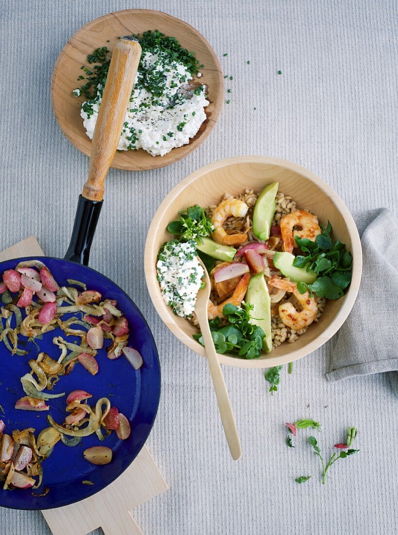 Barley and prawn bowl with cress and avocado