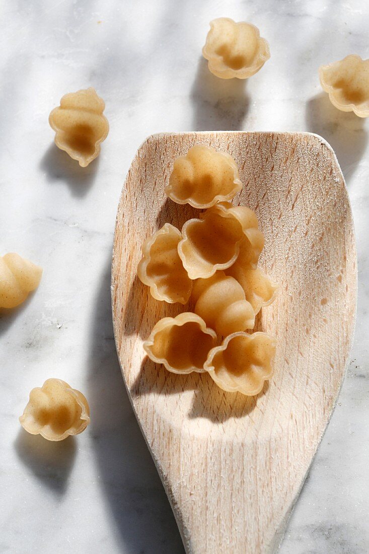 Uncooked pasta shells on a wooden spoon (seen from above)