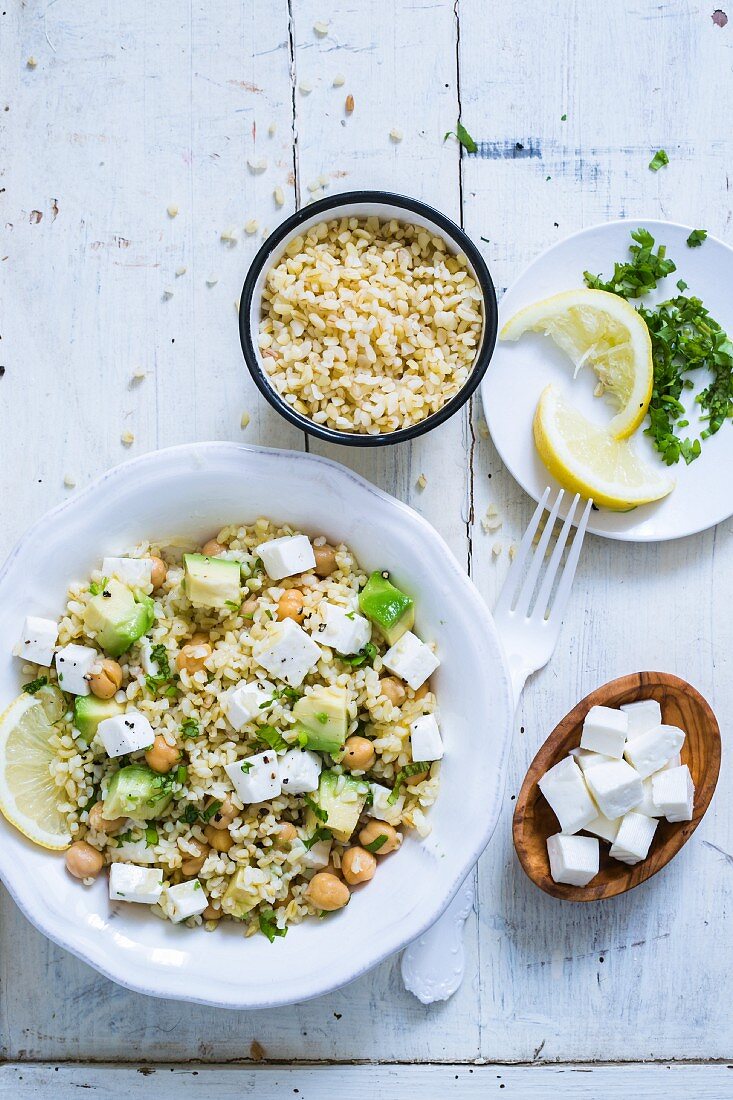 Bulgur salad with chickpeas, feta and avocado