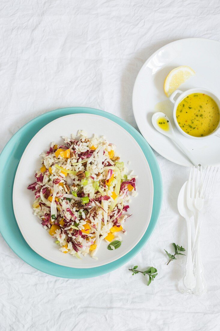 Vegan rice salad with radish and vinaigrette