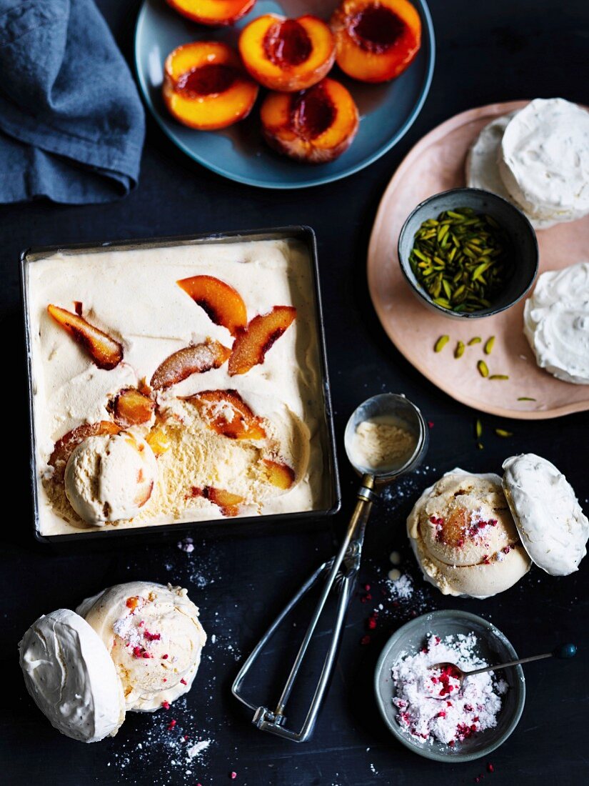 Roast peach ice-cream meringue sandwiches with raspberry sherbet