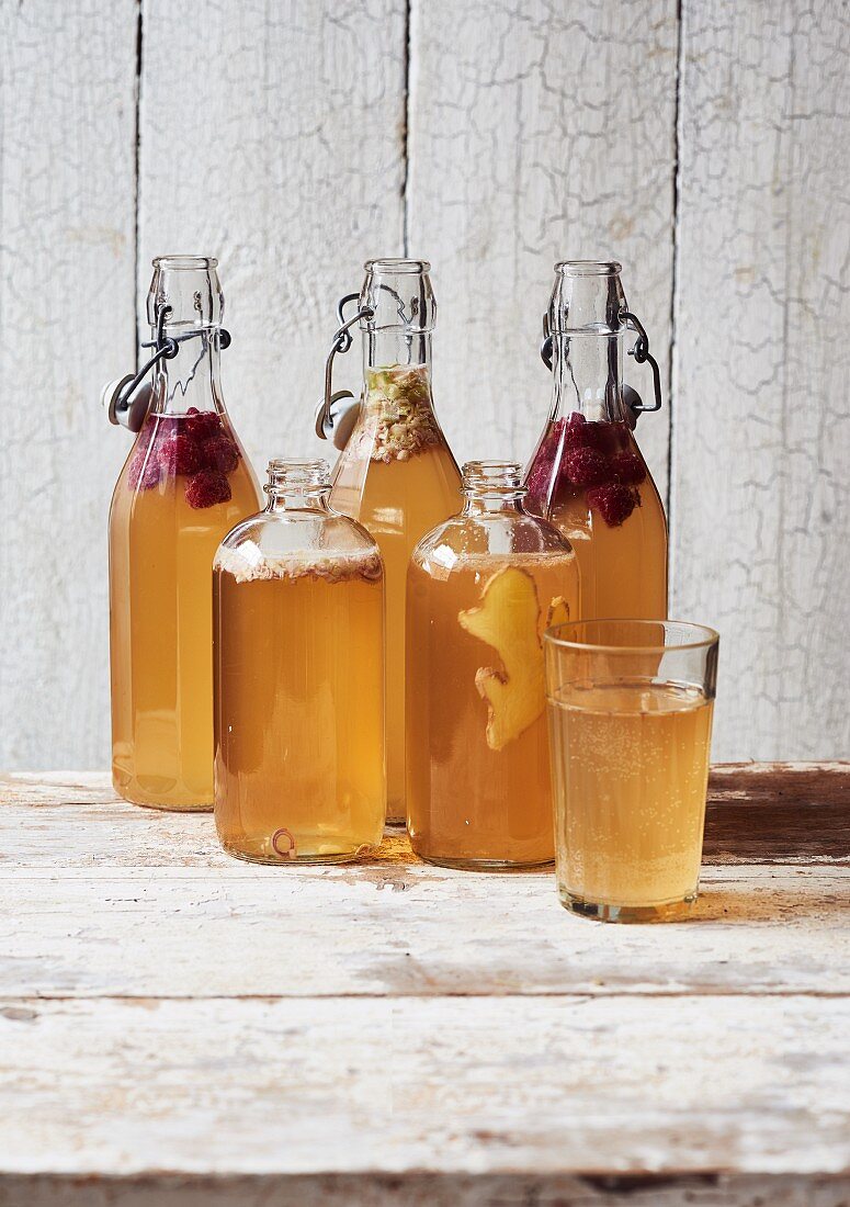 Selbstgemachter Kombucha-Tee mit verschiedenen Aromen in Flaschen