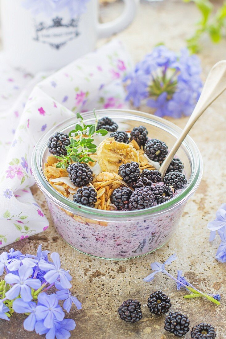 Chia pudding with blackberries and granola