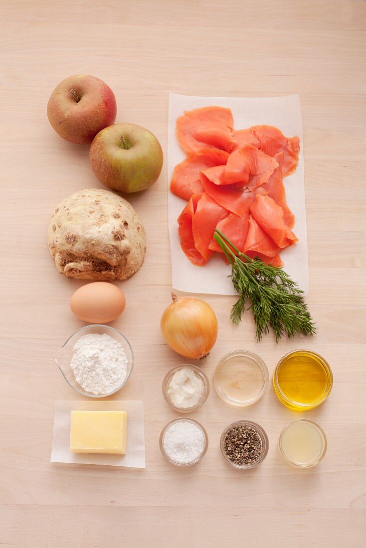 Ingredients for apple and celery fritters with salmon tartar