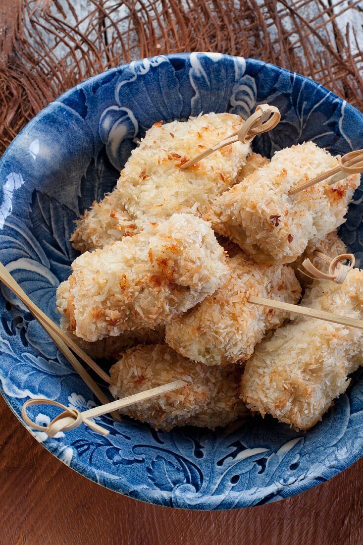 Chicken nuggets in desiccated coconut