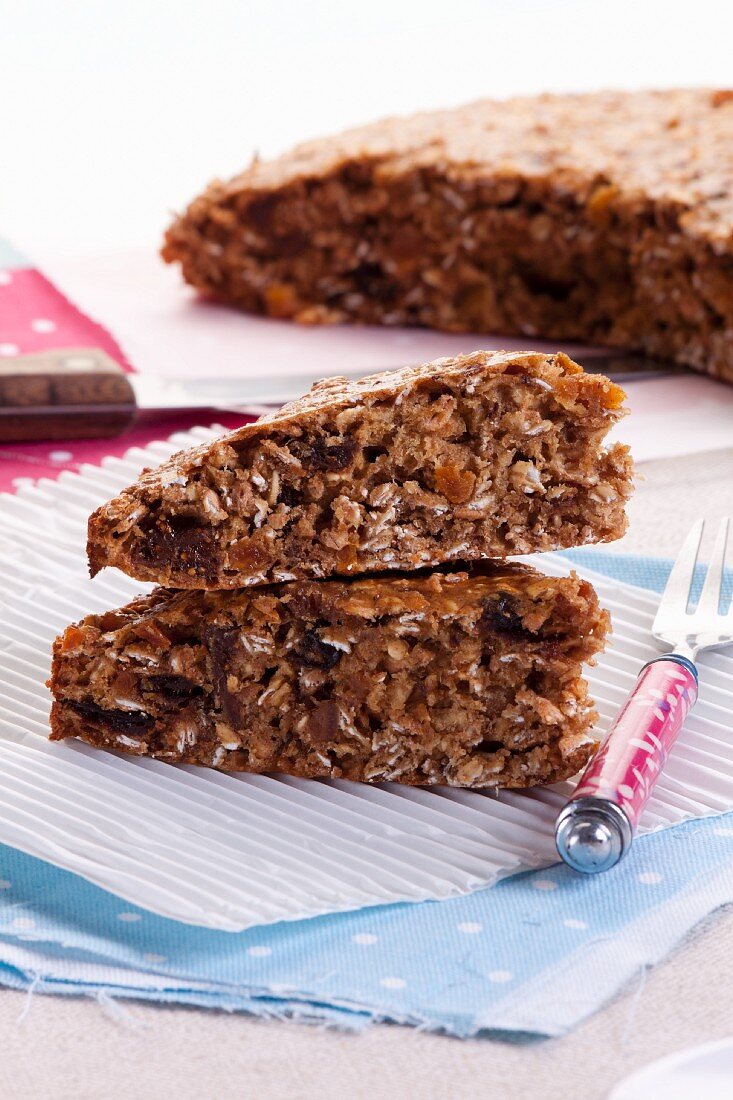 Flaked oats cake with raisins dried figs and apricot muesli cake