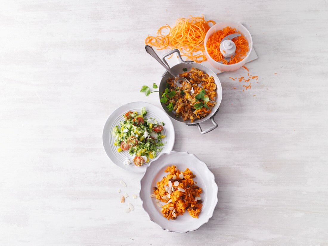 Rice, pilau and tabbouleh made from vegetables