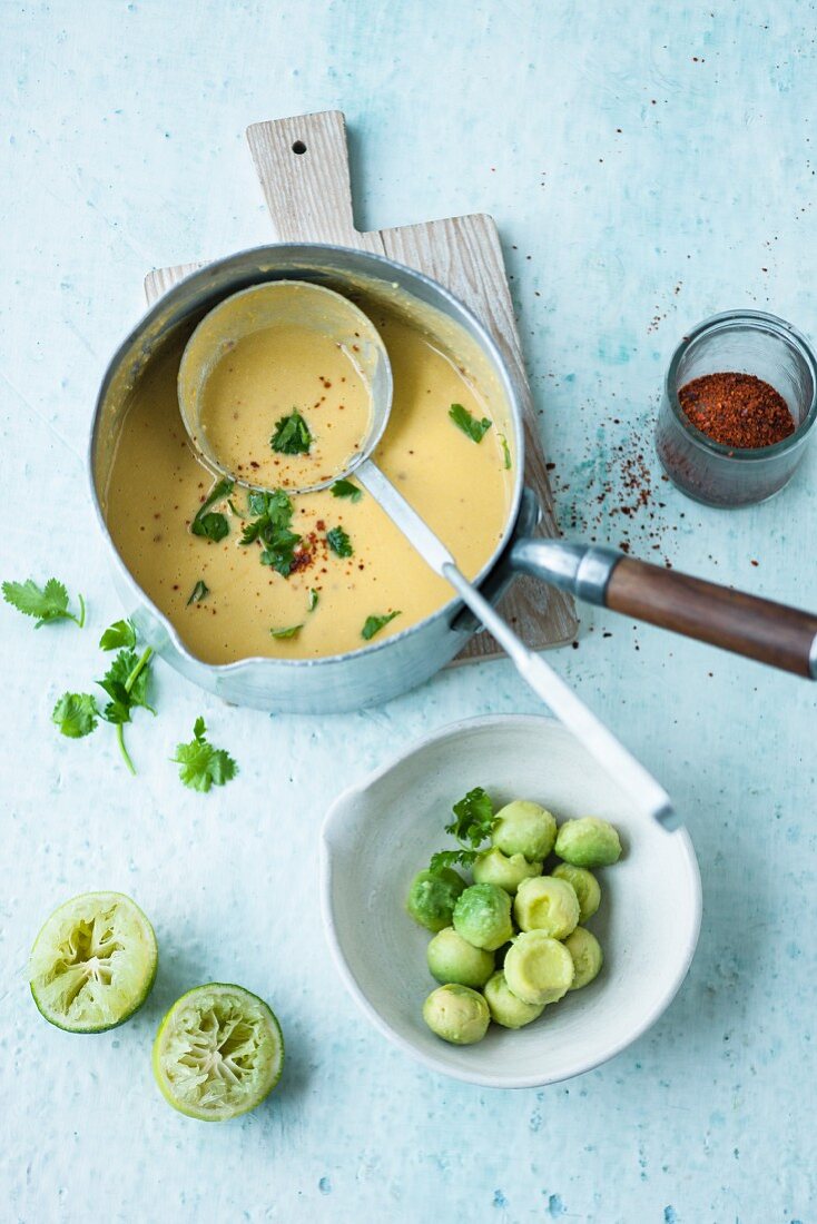 Sweet potato and lupin soup with avocado balls