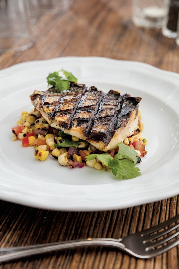 Striped Bass with Charred Corn, Onion and Tomato Salad