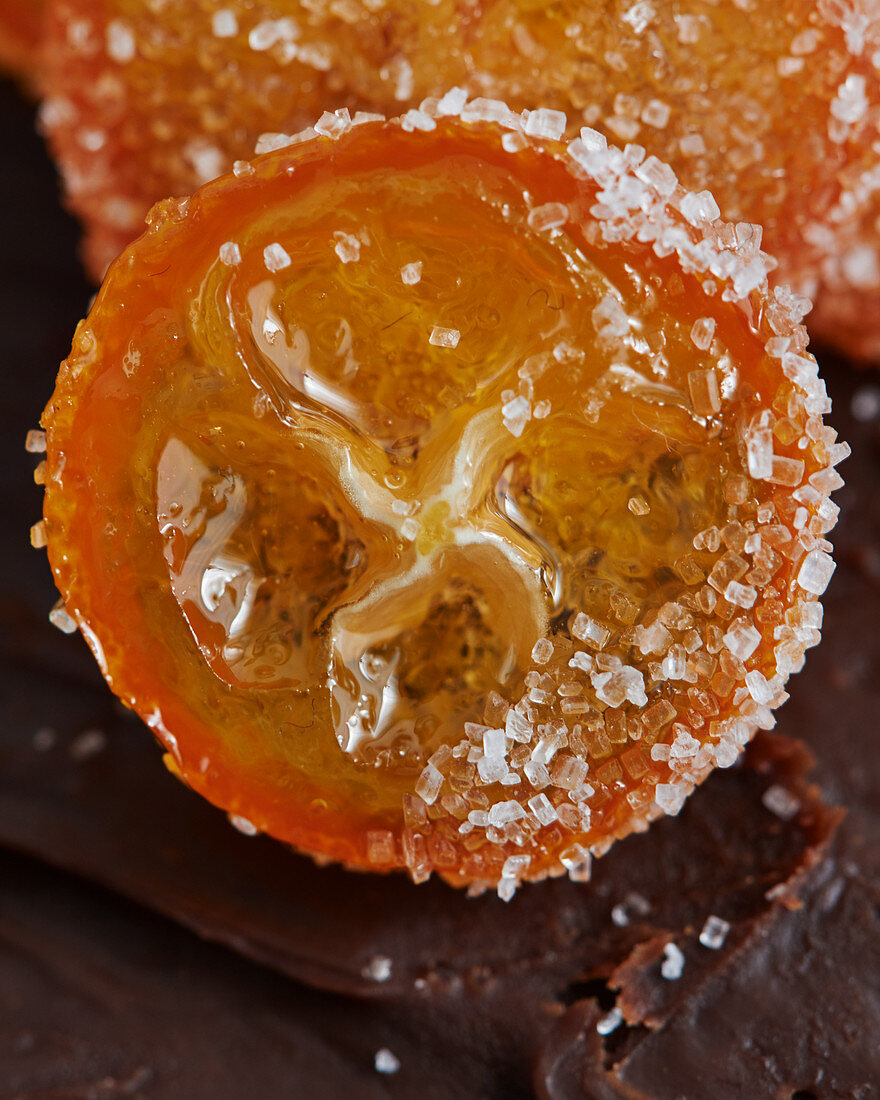 Close-up of a candied kumquat slice