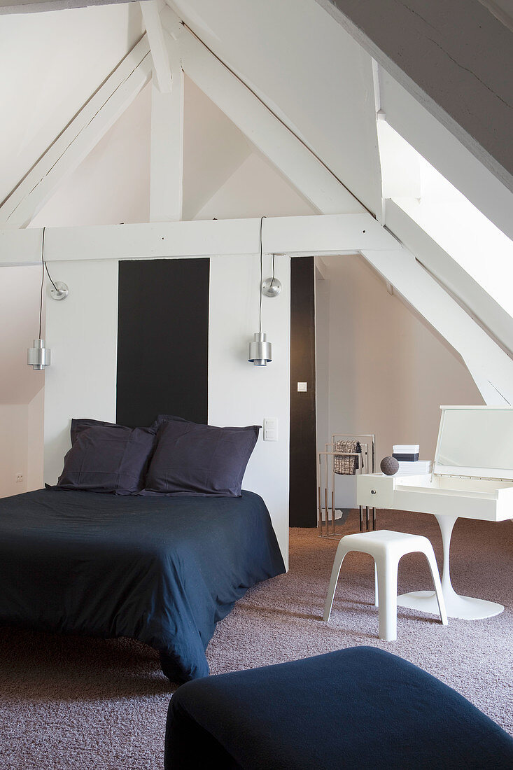 Black and white attic bedroom