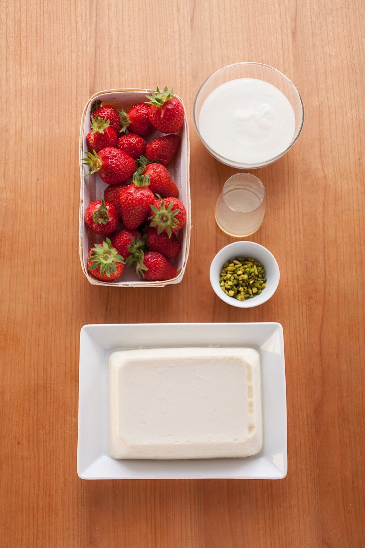 Ingredients for vegan tofu and strawberry cream
