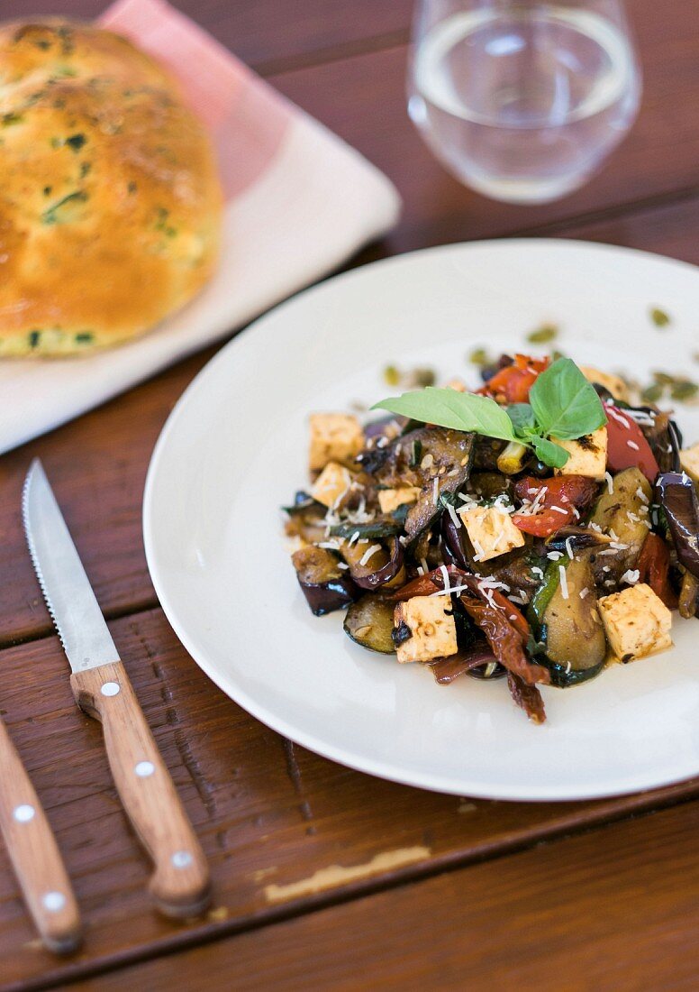 Warm vegetable salad with feta