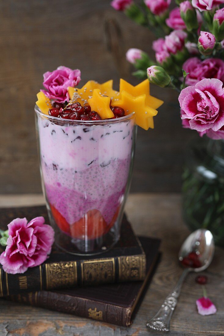 Pink chia pudding with fresh fruit