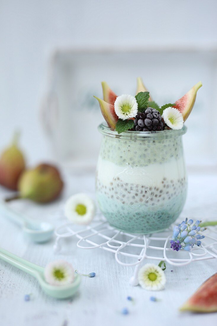 Blue chia pudding with fresh fruit
