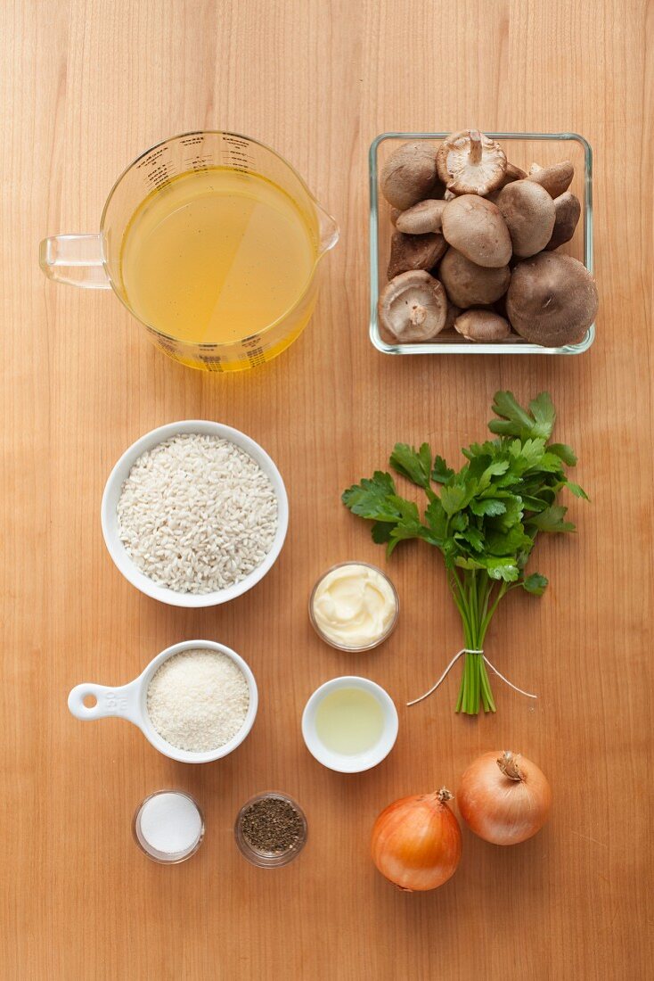 Ingredients for vegetarian risotto with shiitake mushrooms