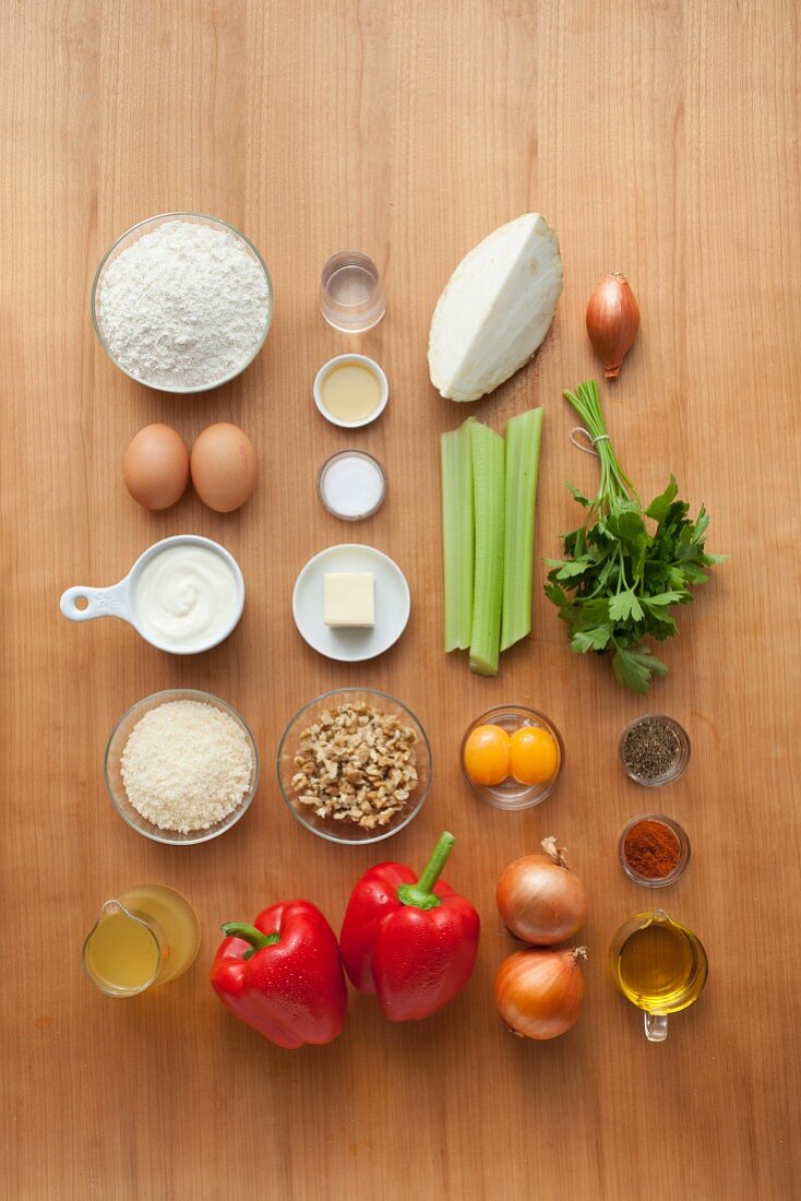 Ingredients for celery-filled ravioli with red pepper sauce