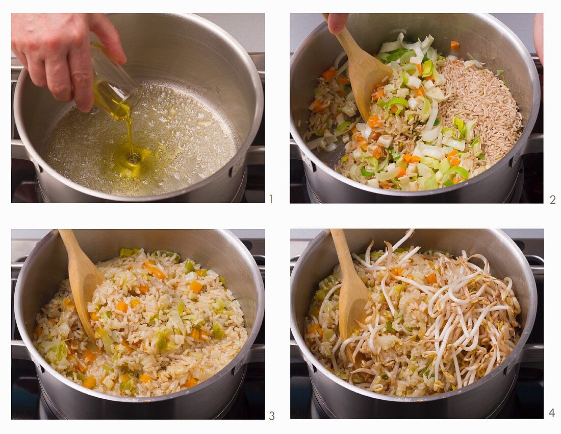 Vegetable rice with shoots being made