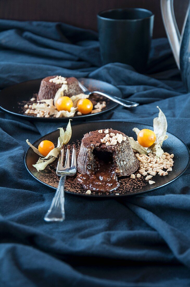 Chocolate lava cakes with almonds and physalis