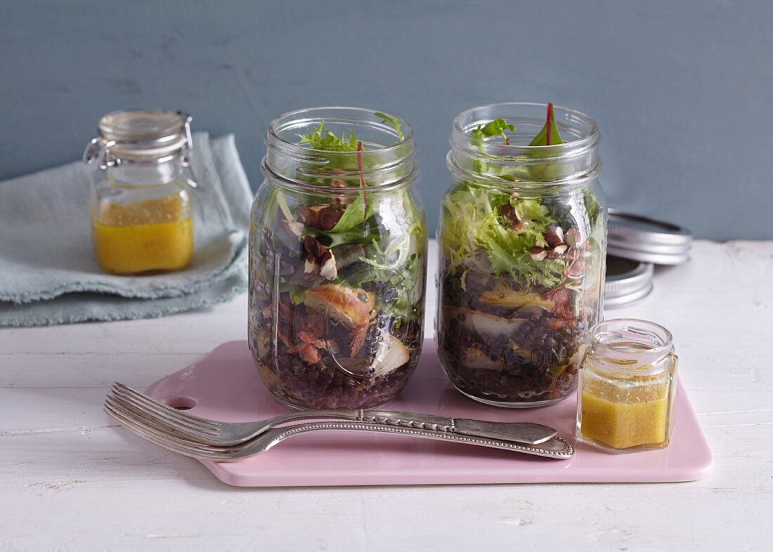 Lentil salad with sage and pear in a glass