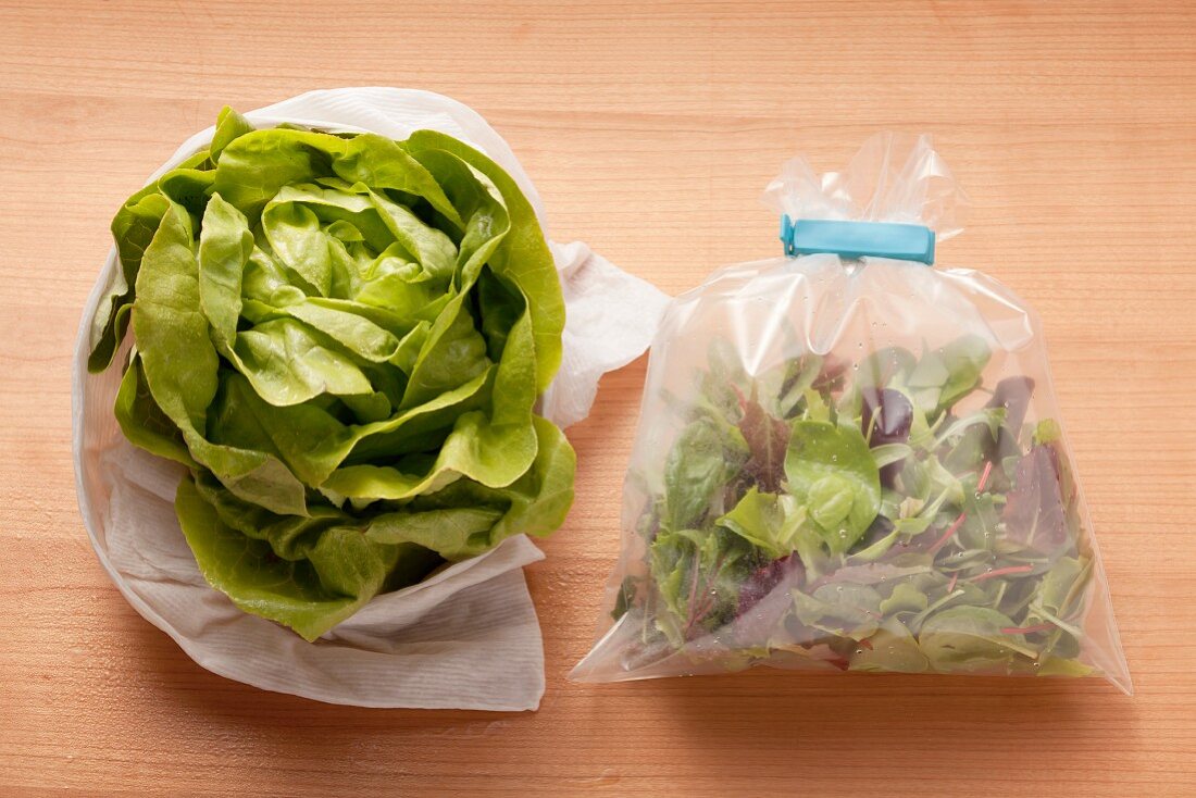 Kopfsalat in feuchtem Tuch, gemischte Blattsalate in Plastikbeutel frisch halten