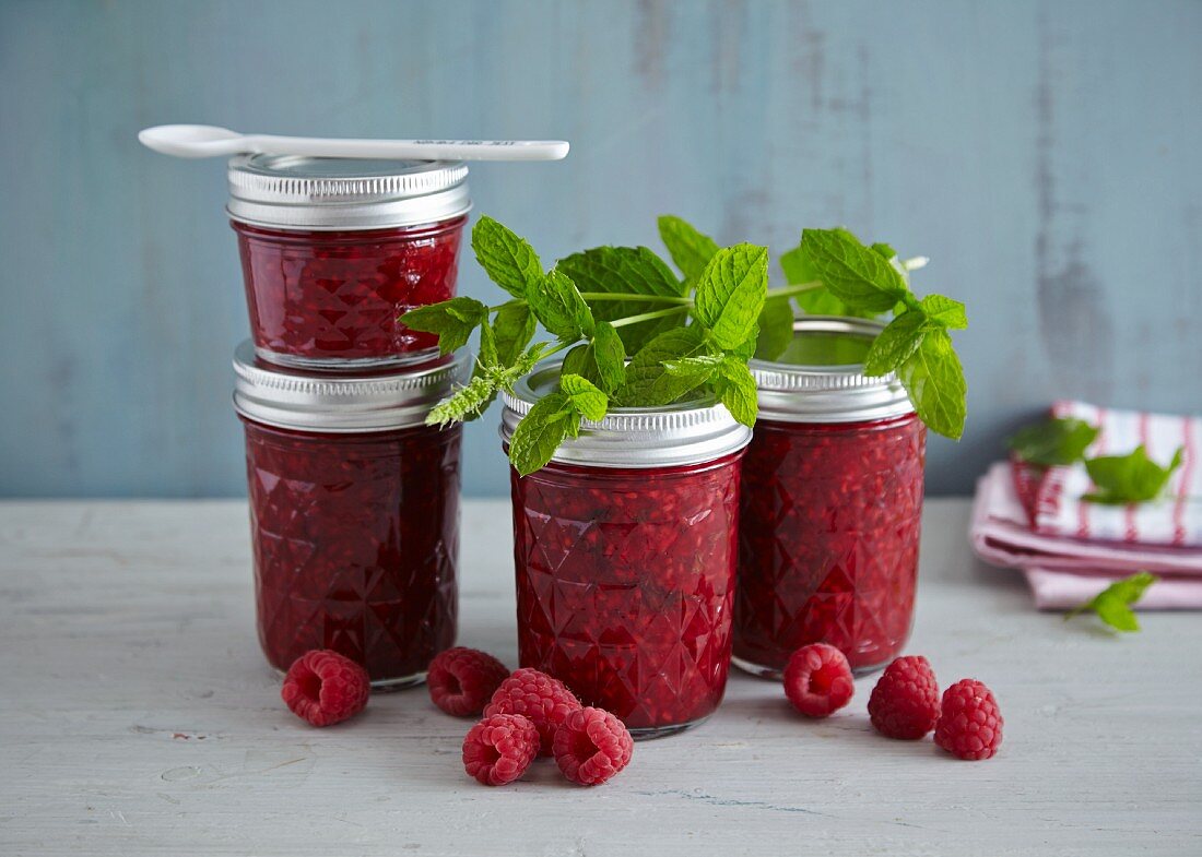 Raspberry jam with fresh mint