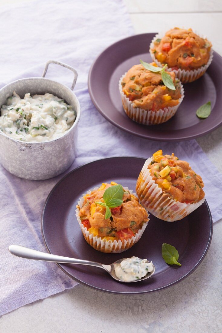 Vegetable muffins with cheese dip