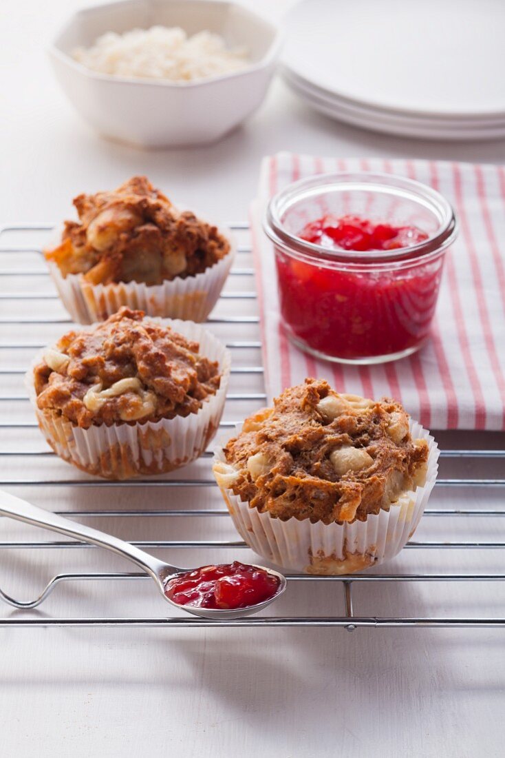 Cheese and onion muffins with tomato chutney