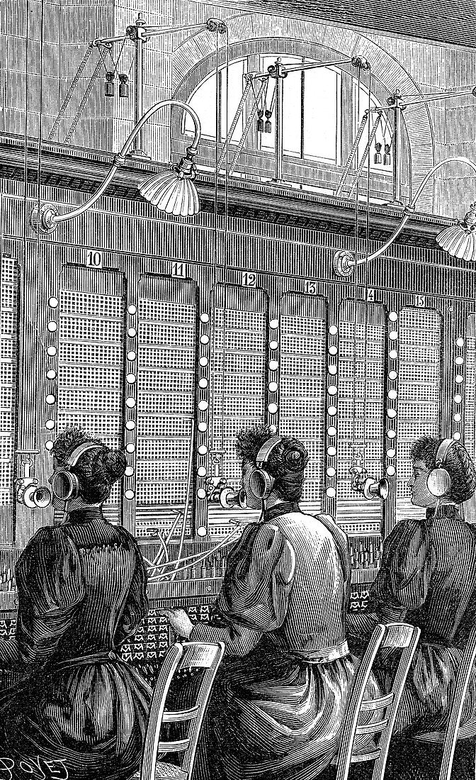 19th Century telephone exchange, illustration