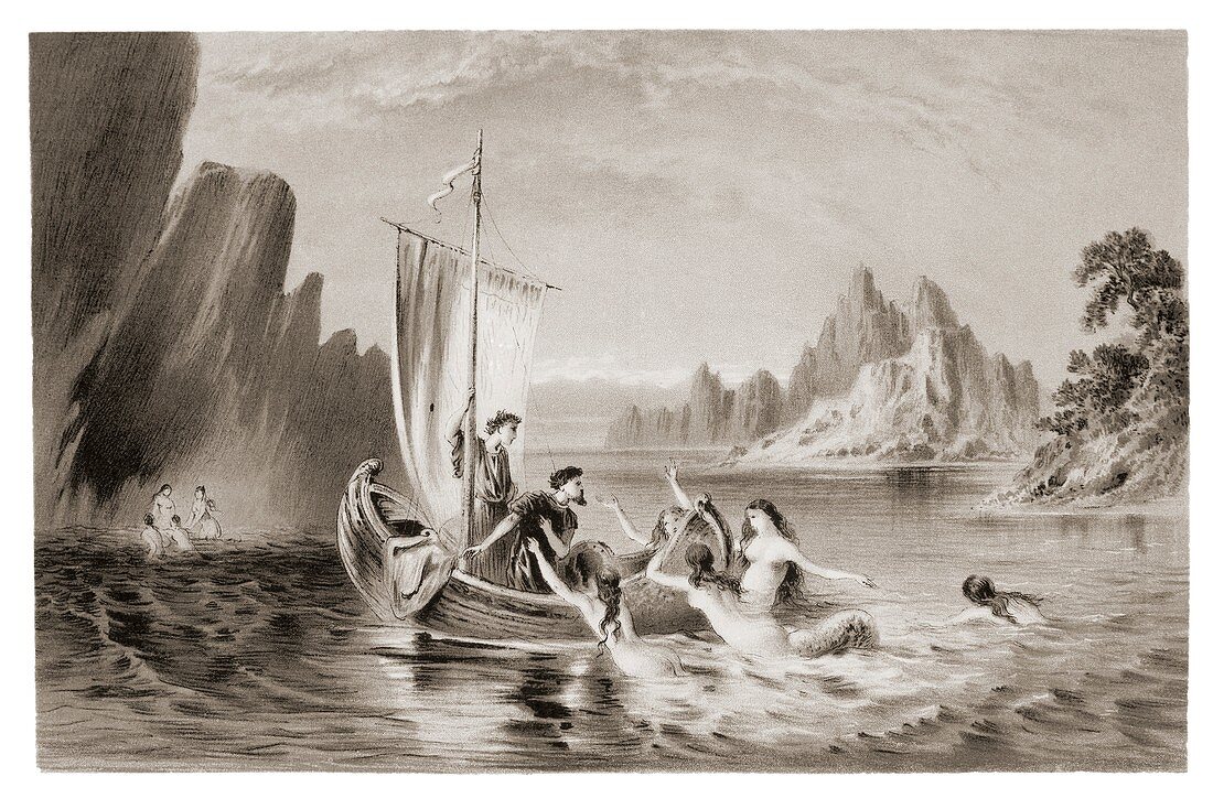 Mythical sirens seducing sailors.