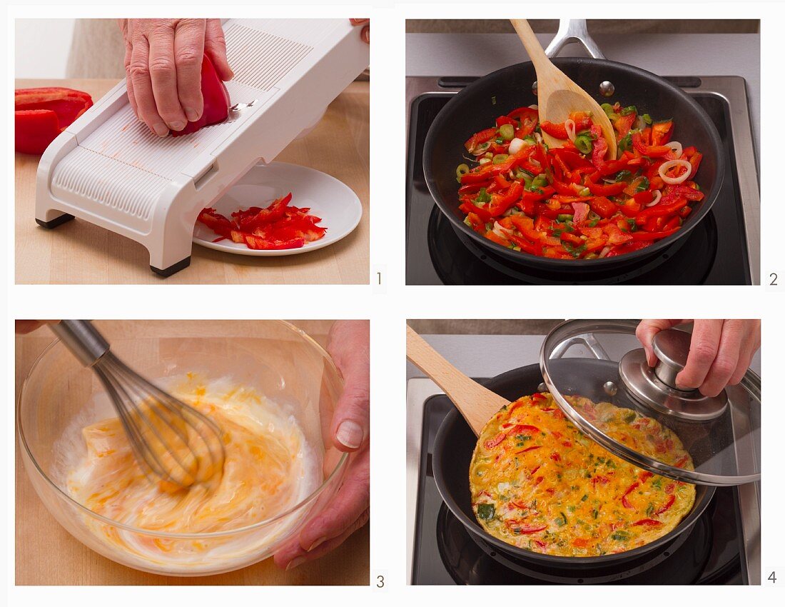 Vegetarian frittata with red pepper being made