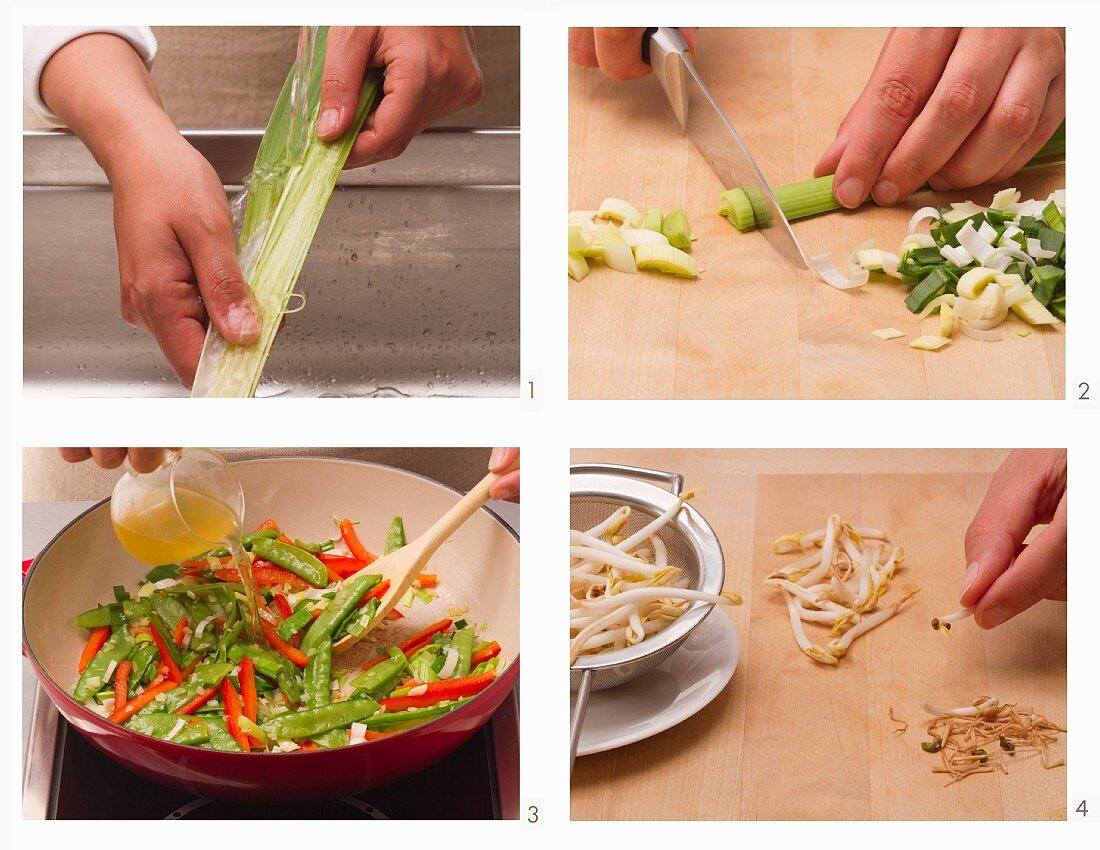 Vegetarian vegetable dish with shoots being made