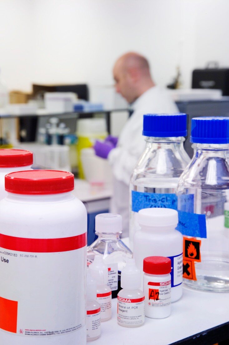Reagent bottles on a laboratory shelf