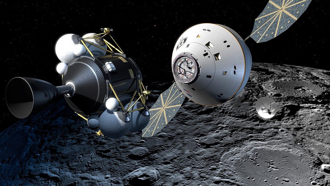 Altair and Orion spacecraft at the Moon, illustration