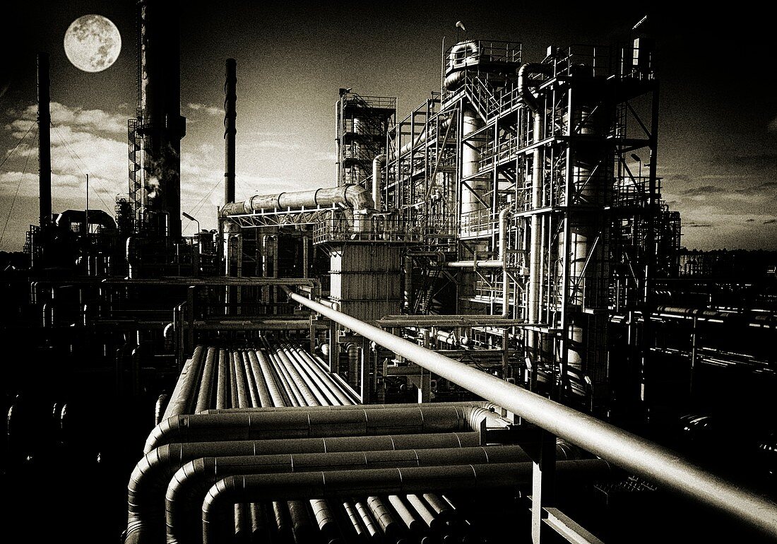 Oil and gas refinery at night