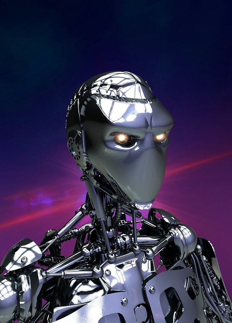Robotic figure with glowing eyes