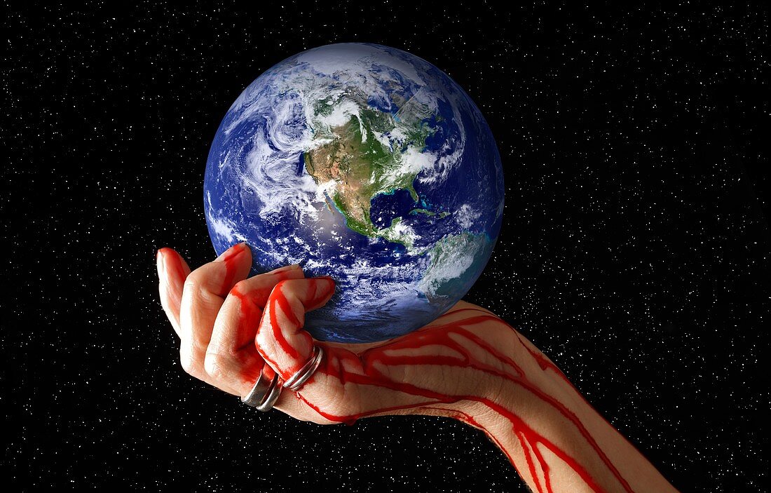 Bleeding hand holding planet earth