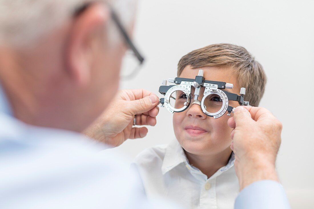 Male optician testing boy's eyesight