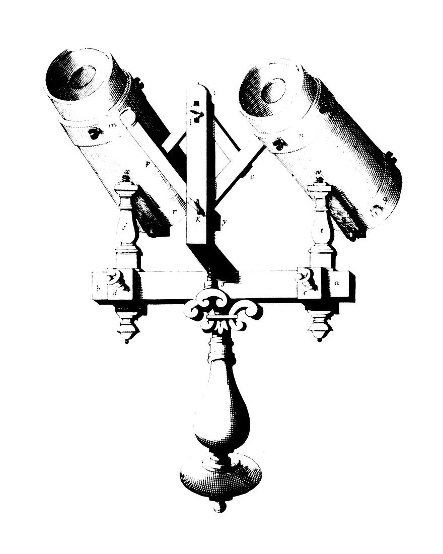 Drawing of a 17th century binocular microscope.