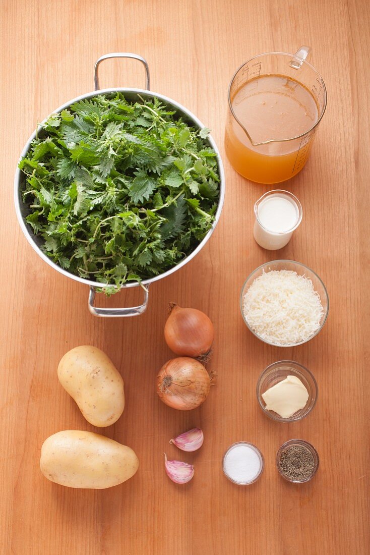 Ingredients for nettle soup with parmesan crackers