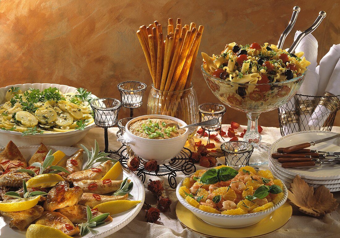 Tuscan New Year's Eve buffet, with salads, chicken, grissini