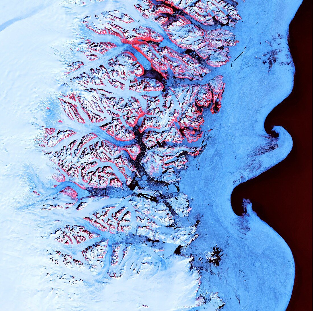 Greenland coastal mountains and ice, satellite image